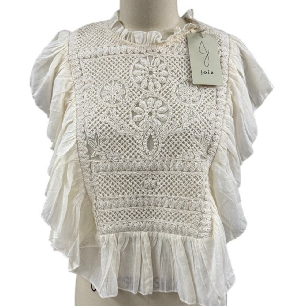 NWT Joie Ivory Embroidered Ruffle Blouse M Boho Luxe Romantic Messy Coquette